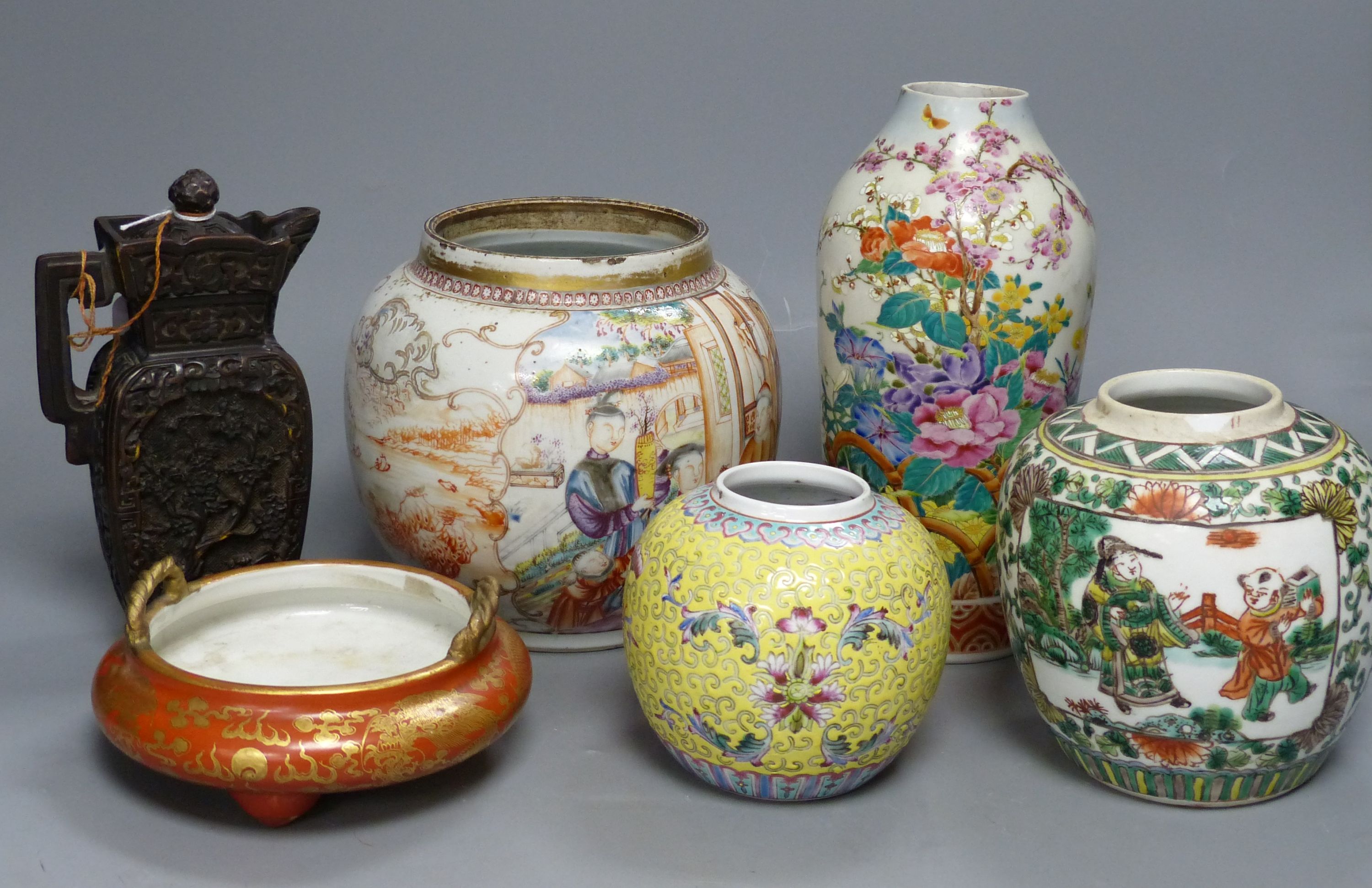 A group of mixed Chinese/Japanese ceramics to include three various jars, a vase, a censer and a lacquer jug, tallest 23cm